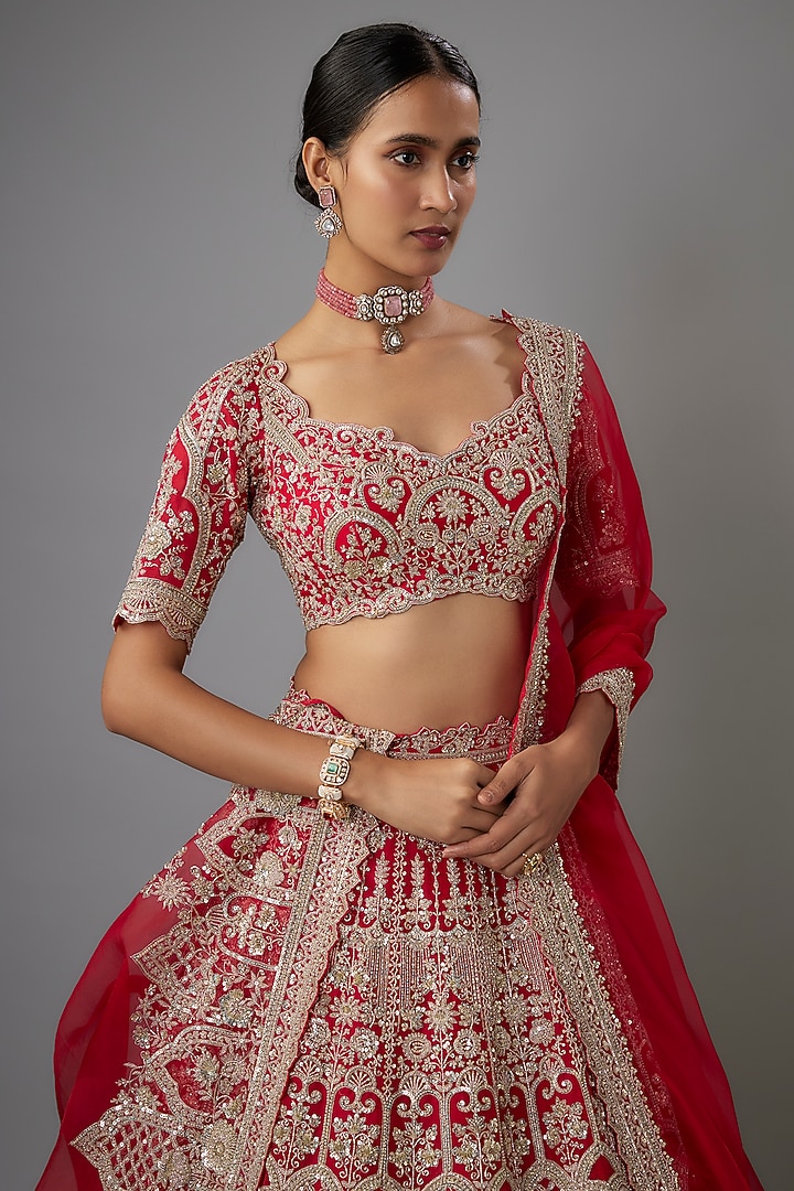 Red Organza Hand Embroidered Bridal Lehenga Set by Anushree Reddy at Pernia's Pop Up Shop