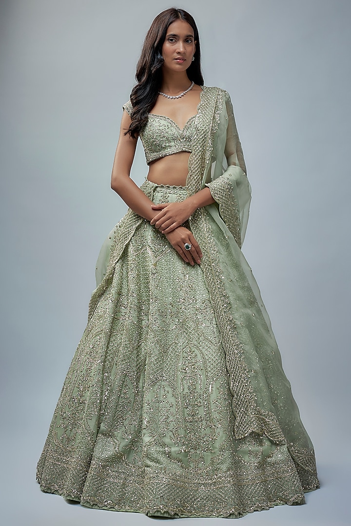 Ice Blue Organza Hand Embroidered Bridal Lehenga Set by Anushree Reddy at Pernia's Pop Up Shop