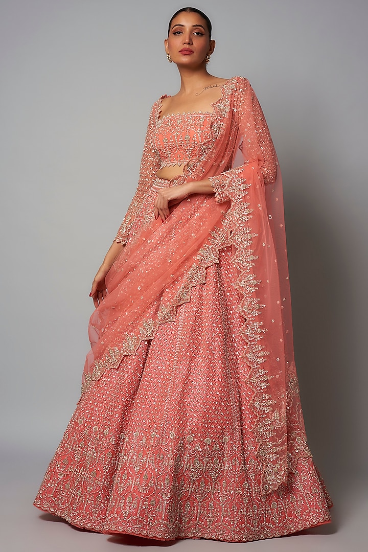 Coral Organza Hand Embroidered Bridal Lehenga Set by Anushree Reddy at Pernia's Pop Up Shop