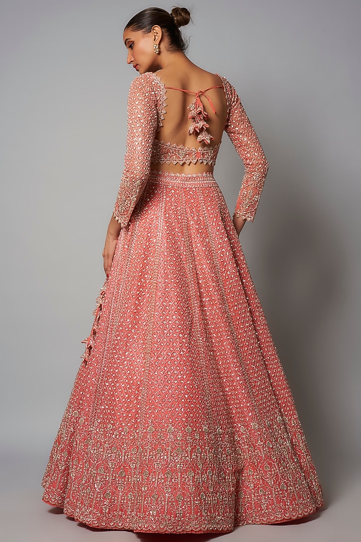 Coral Organza Hand Embroidered Bridal Lehenga Set by Anushree Reddy at Pernia's Pop Up Shop
