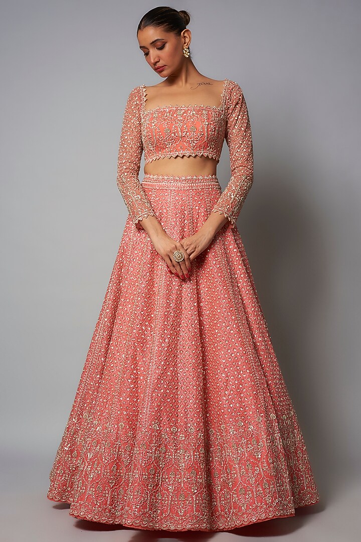 Coral Organza Hand Embroidered Bridal Lehenga Set by Anushree Reddy at Pernia's Pop Up Shop