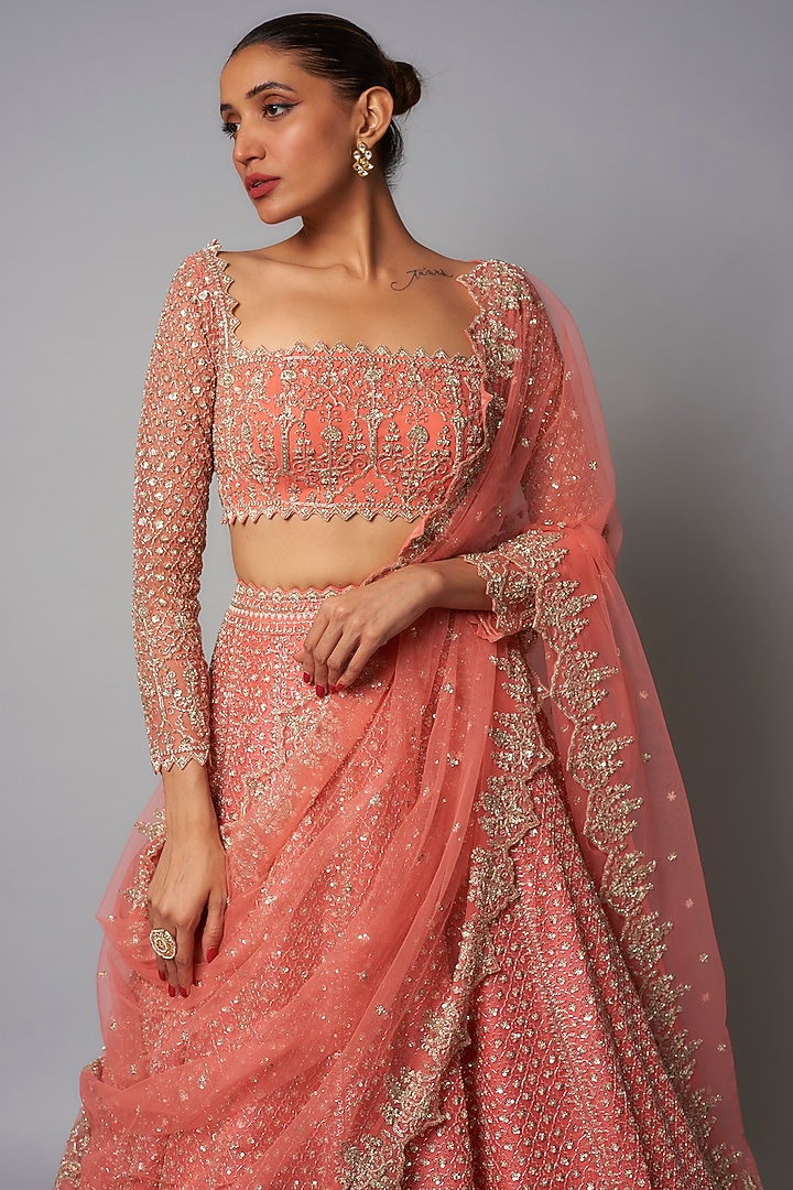 Coral Organza Hand Embroidered Bridal Lehenga Set by Anushree Reddy at Pernia's Pop Up Shop