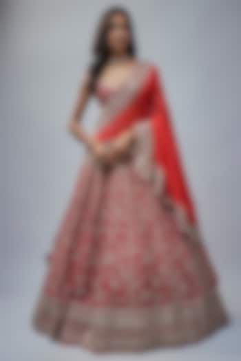 Red Raw Silk Hand Embroidered Bridal Lehenga Set by Anushree Reddy at Pernia's Pop Up Shop