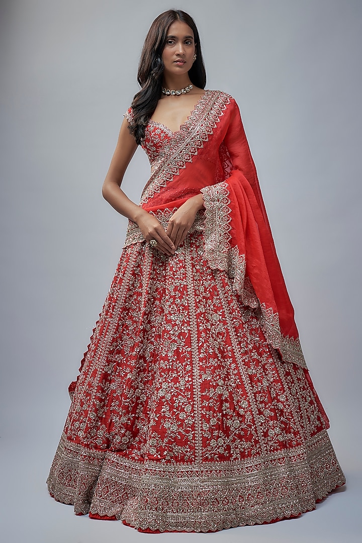 Red Raw Silk Hand Embroidered Bridal Lehenga Set by Anushree Reddy at Pernia's Pop Up Shop