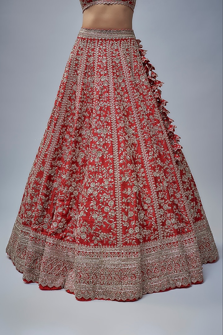 Red Raw Silk Hand Embroidered Bridal Lehenga Set by Anushree Reddy at Pernia's Pop Up Shop