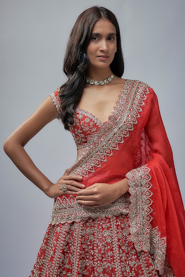 Red Raw Silk Hand Embroidered Bridal Lehenga Set by Anushree Reddy at Pernia's Pop Up Shop