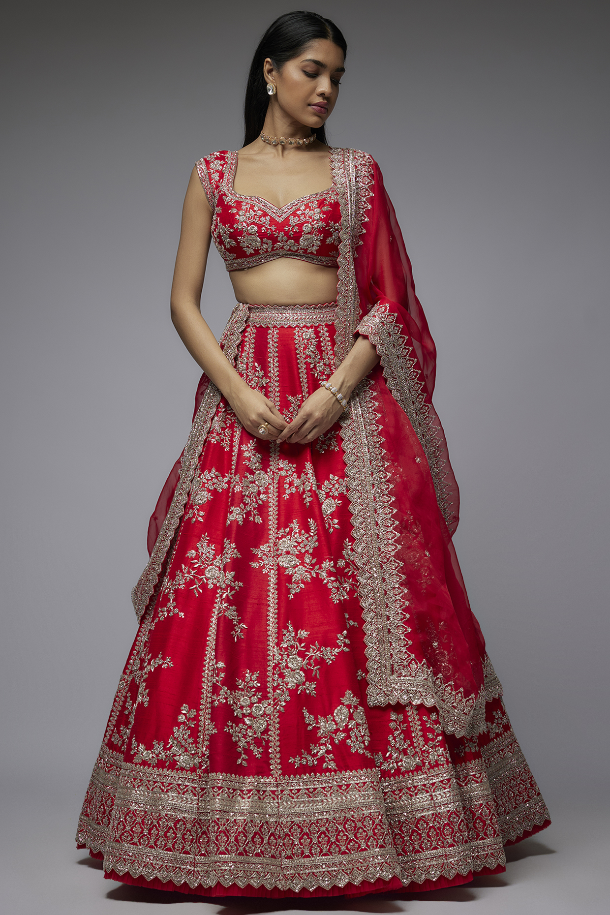 Red Raw Silk Hand Embroidered Bridal Lehenga Set by Anushree Reddy at Pernia's Pop Up Shop
