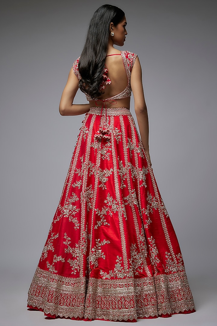 Red Raw Silk Hand Embroidered Bridal Lehenga Set by Anushree Reddy at Pernia's Pop Up Shop
