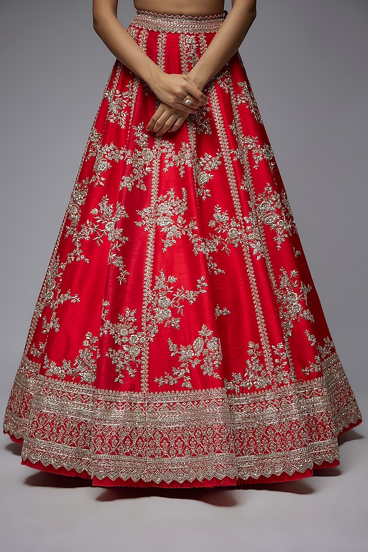 Red Raw Silk Hand Embroidered Bridal Lehenga Set by Anushree Reddy at Pernia's Pop Up Shop