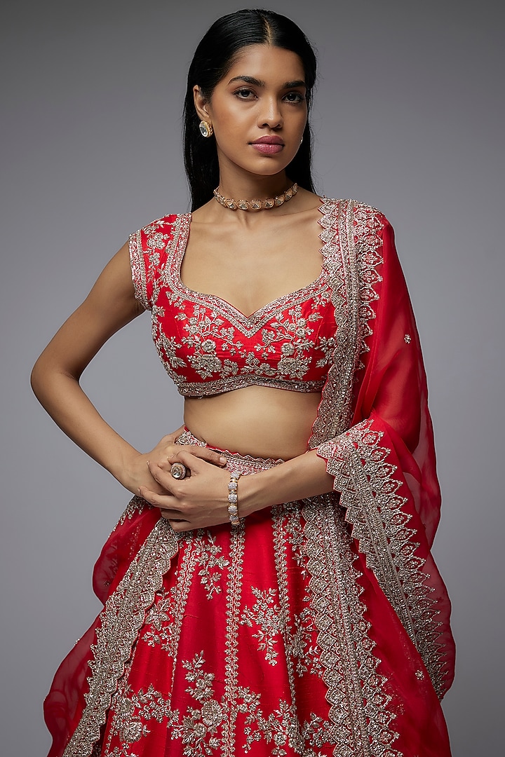 Red Raw Silk Hand Embroidered Bridal Lehenga Set by Anushree Reddy at Pernia's Pop Up Shop