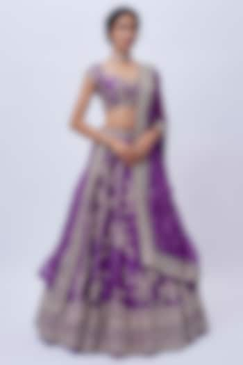 Purple Raw Silk Hand Embroidered Bridal Lehenga Set by Anushree Reddy at Pernia's Pop Up Shop