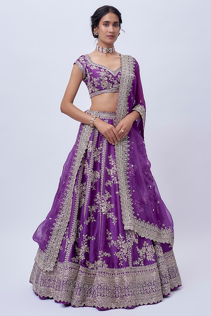 Purple Raw Silk Hand Embroidered Bridal Lehenga Set by Anushree Reddy at Pernia's Pop Up Shop