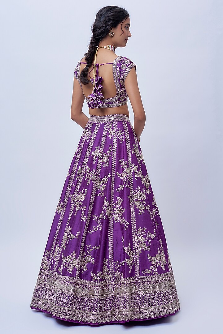 Purple Raw Silk Hand Embroidered Bridal Lehenga Set by Anushree Reddy at Pernia's Pop Up Shop