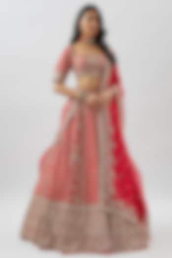 Red Raw Silk Hand Embroidered Lehenga Set by Anushree Reddy