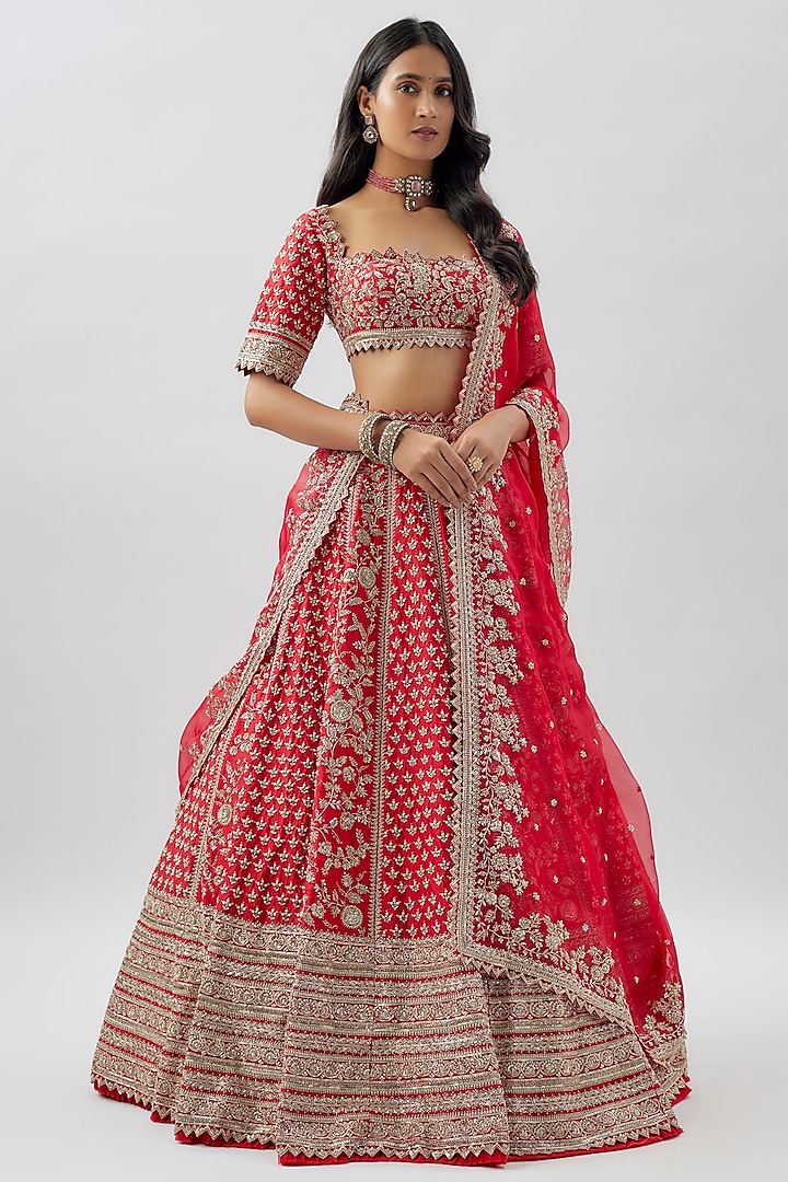 Red Raw Silk Hand Embroidered Lehenga Set by Anushree Reddy