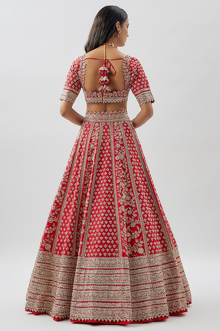 Red Raw Silk Hand Embroidered Bridal Lehenga Set by Anushree Reddy at Pernia's Pop Up Shop