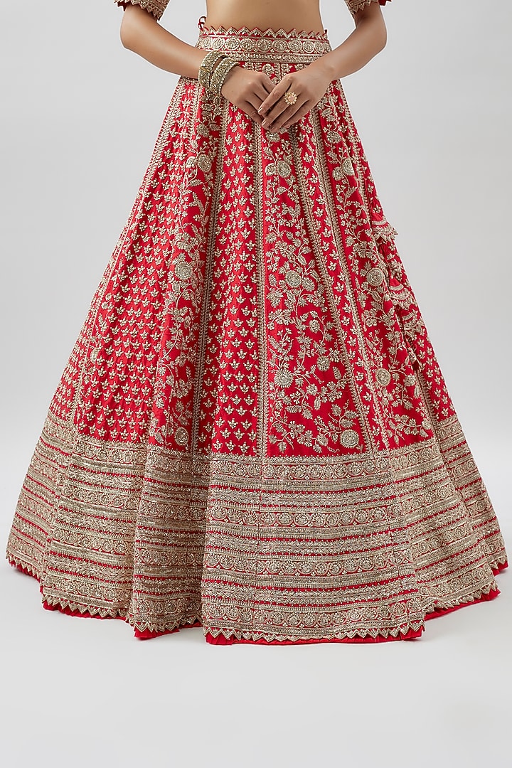 Red Raw Silk Hand Embroidered Bridal Lehenga Set by Anushree Reddy at Pernia's Pop Up Shop