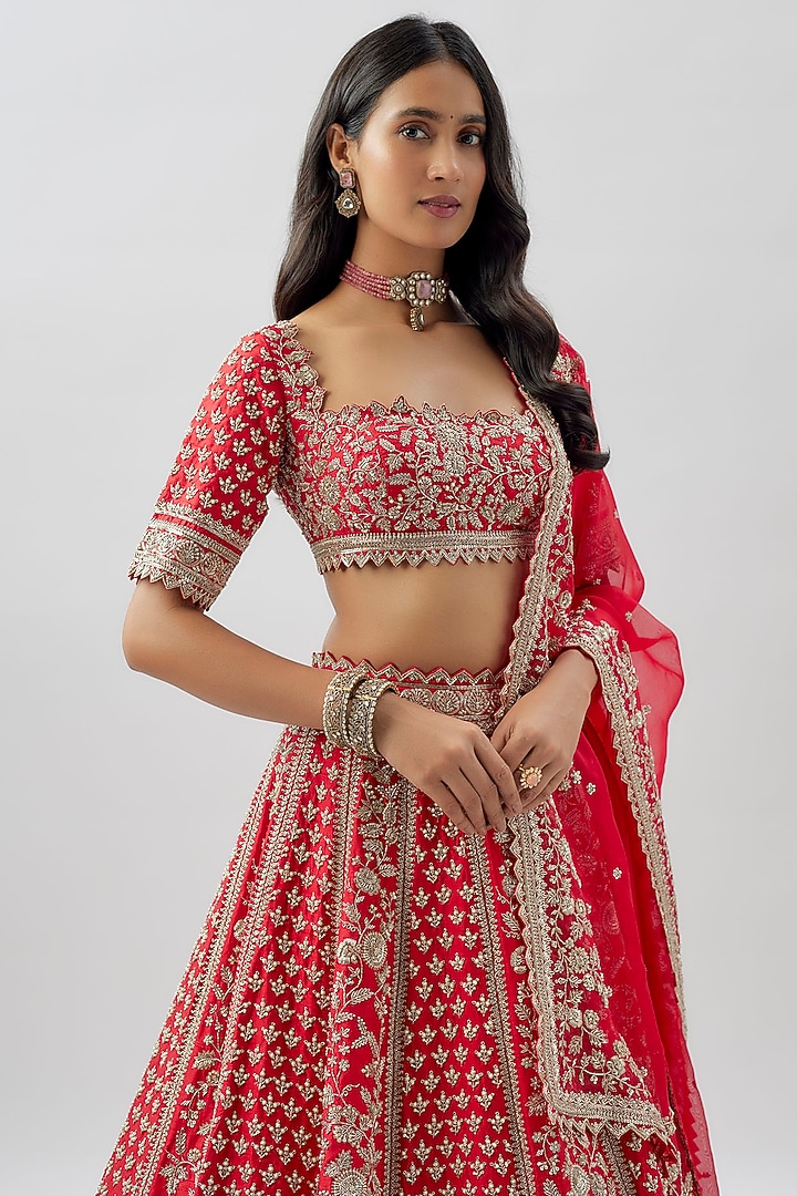 Red Raw Silk Hand Embroidered Bridal Lehenga Set by Anushree Reddy at Pernia's Pop Up Shop