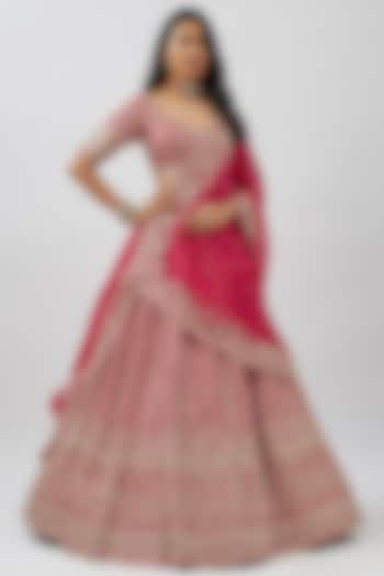 Cherry Red Raw Silk Hand Embroidered Lehenga Set by Anushree Reddy