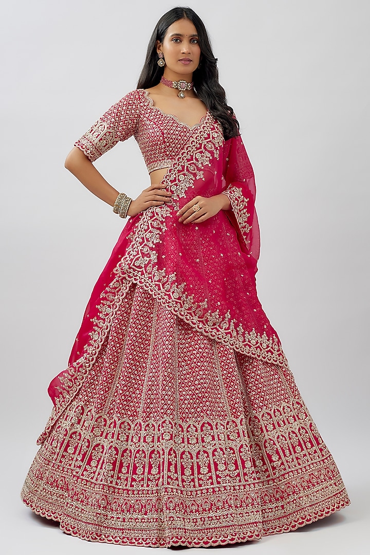 Cherry Red Raw Silk Hand Embroidered Lehenga Set by Anushree Reddy