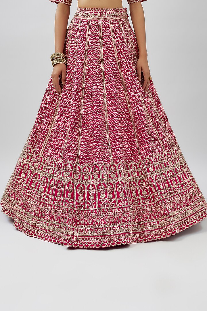 Cherry Red Raw Silk Hand Embroidered Bridal Lehenga Set by Anushree Reddy at Pernia's Pop Up Shop