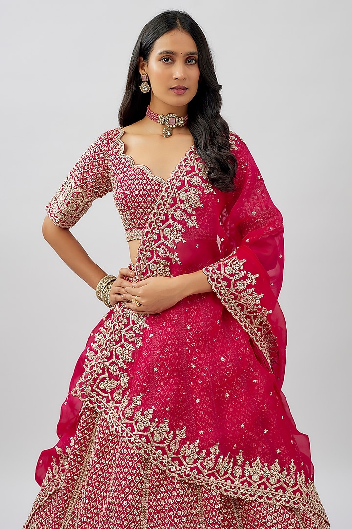 Cherry Red Raw Silk Hand Embroidered Bridal Lehenga Set by Anushree Reddy at Pernia's Pop Up Shop