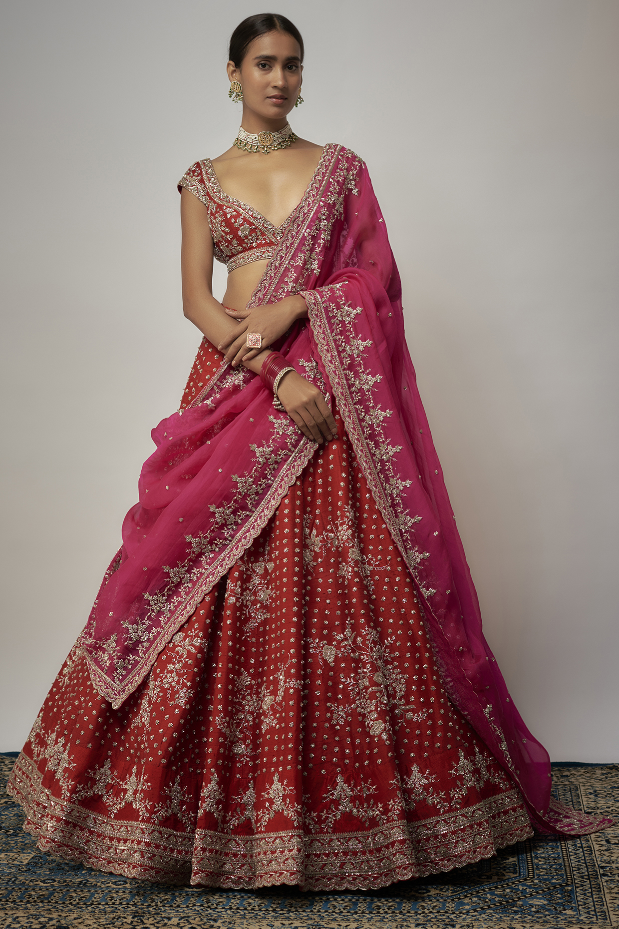 Red Raw Silk Hand Embroidered Bridal Lehenga Set by Anushree Reddy at Pernia's Pop Up Shop