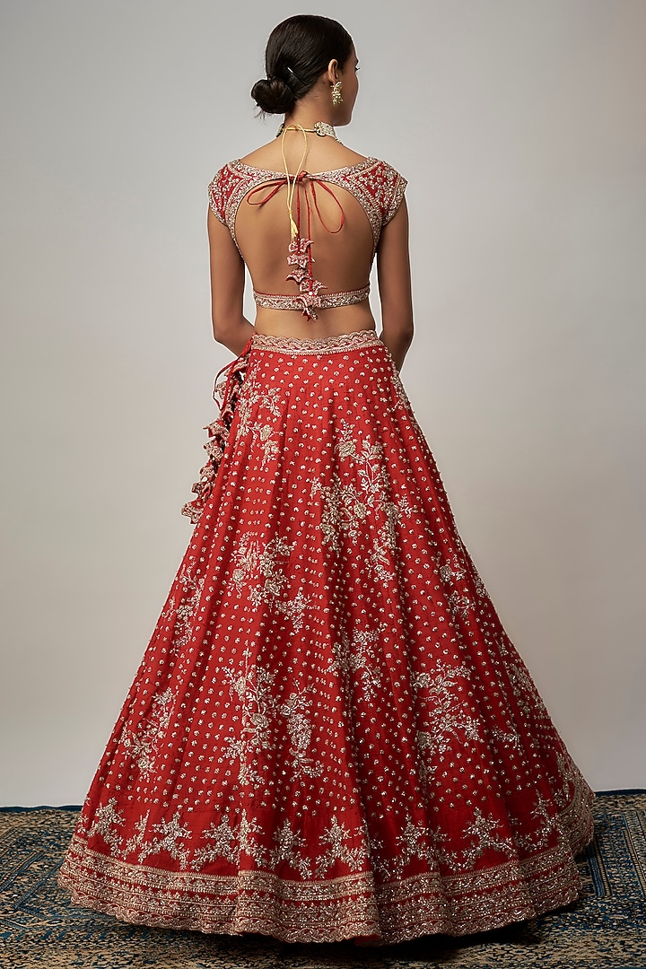 Red Raw Silk Hand Embroidered Bridal Lehenga Set by Anushree Reddy at Pernia's Pop Up Shop