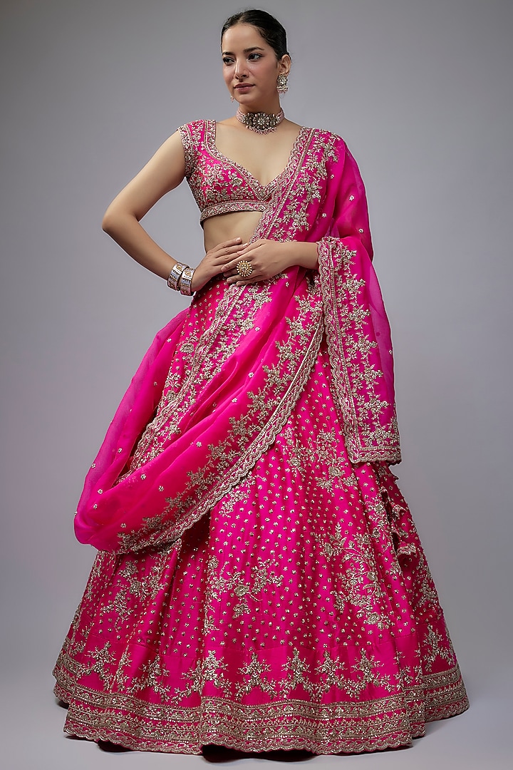 Pink Raw Silk Hand Embroidered Bridal Lehenga Set by Anushree Reddy at Pernia's Pop Up Shop
