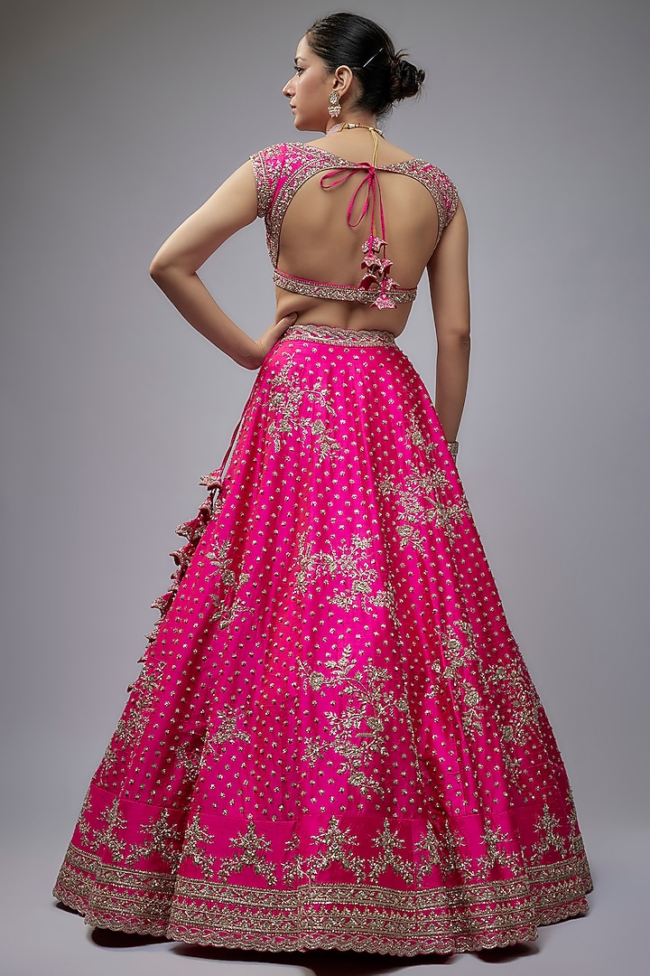 Pink Raw Silk Hand Embroidered Bridal Lehenga Set by Anushree Reddy at Pernia's Pop Up Shop