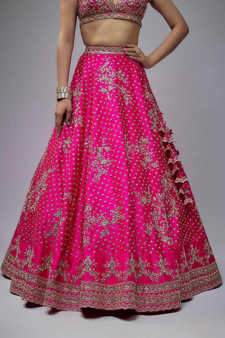Pink Raw Silk Hand Embroidered Bridal Lehenga Set by Anushree Reddy at Pernia's Pop Up Shop