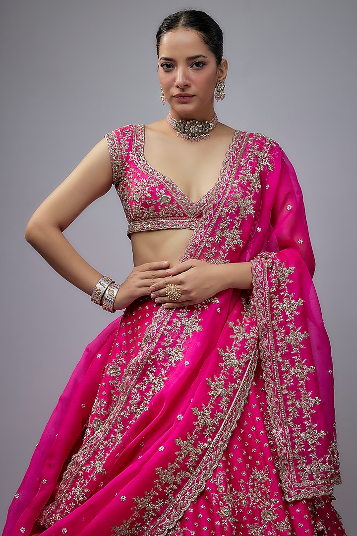 Pink Raw Silk Hand Embroidered Bridal Lehenga Set by Anushree Reddy at Pernia's Pop Up Shop
