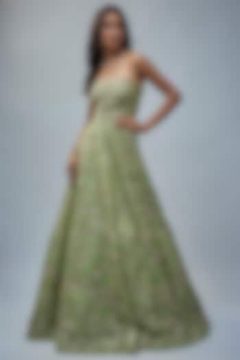 Green Organza Hand Embroidered Bridal Gown by Anushree Reddy at Pernia's Pop Up Shop