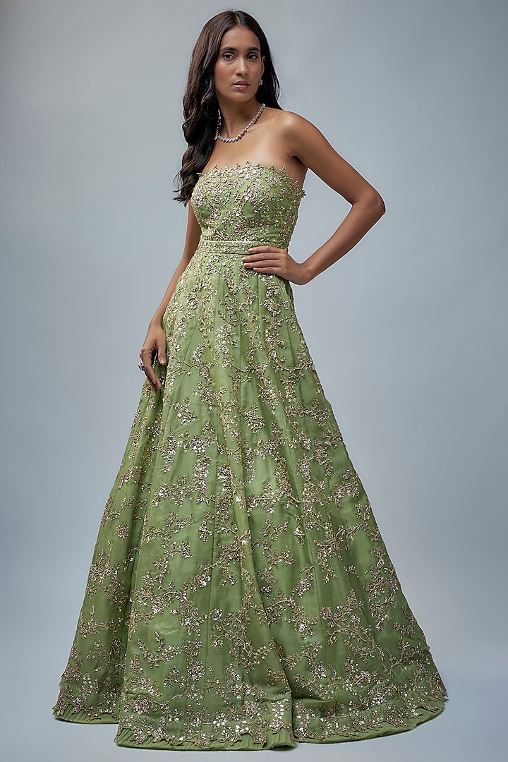 Green Organza Hand Embroidered Bridal Gown by Anushree Reddy at Pernia's Pop Up Shop
