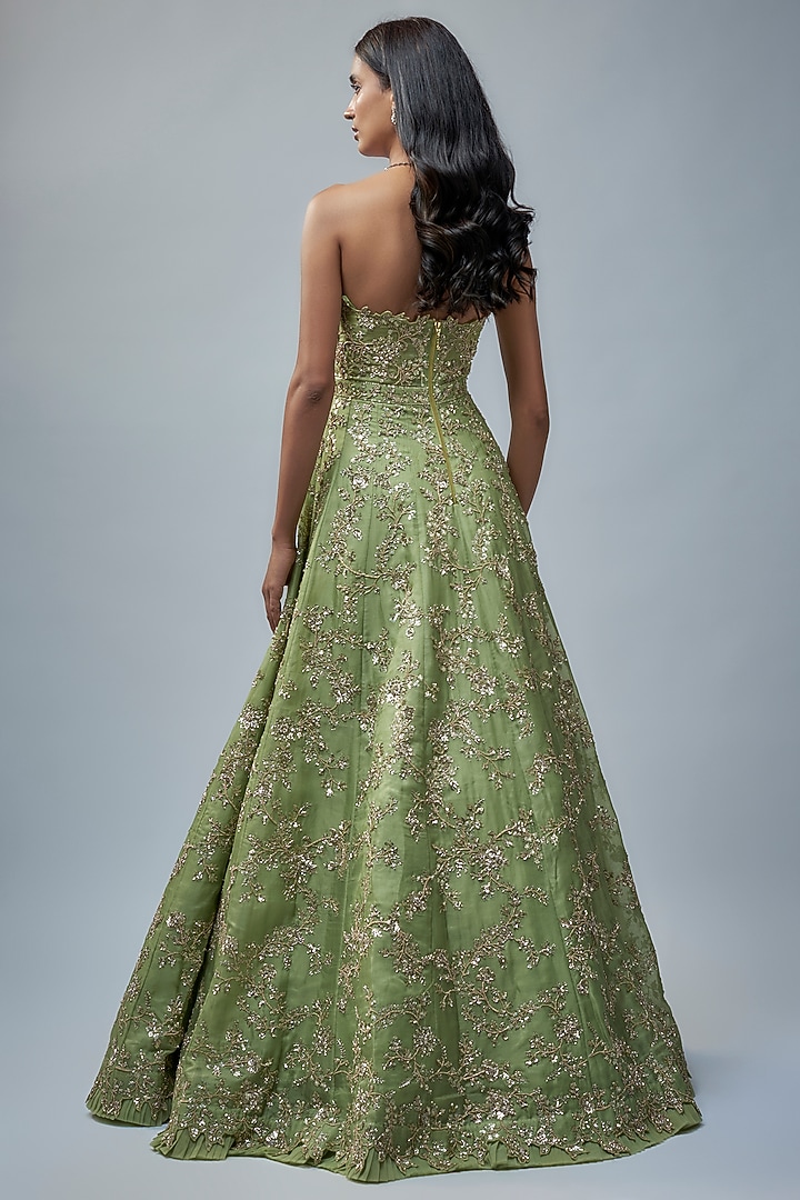 Green Organza Hand Embroidered Bridal Gown by Anushree Reddy at Pernia's Pop Up Shop