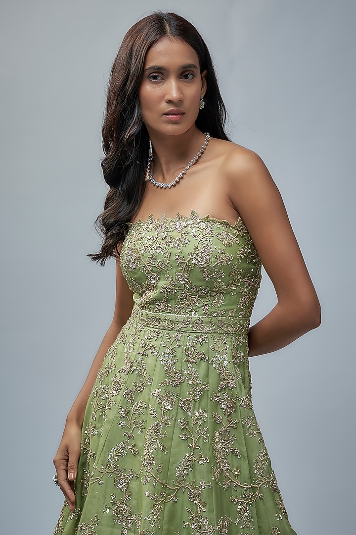 Green Organza Hand Embroidered Bridal Gown by Anushree Reddy at Pernia's Pop Up Shop