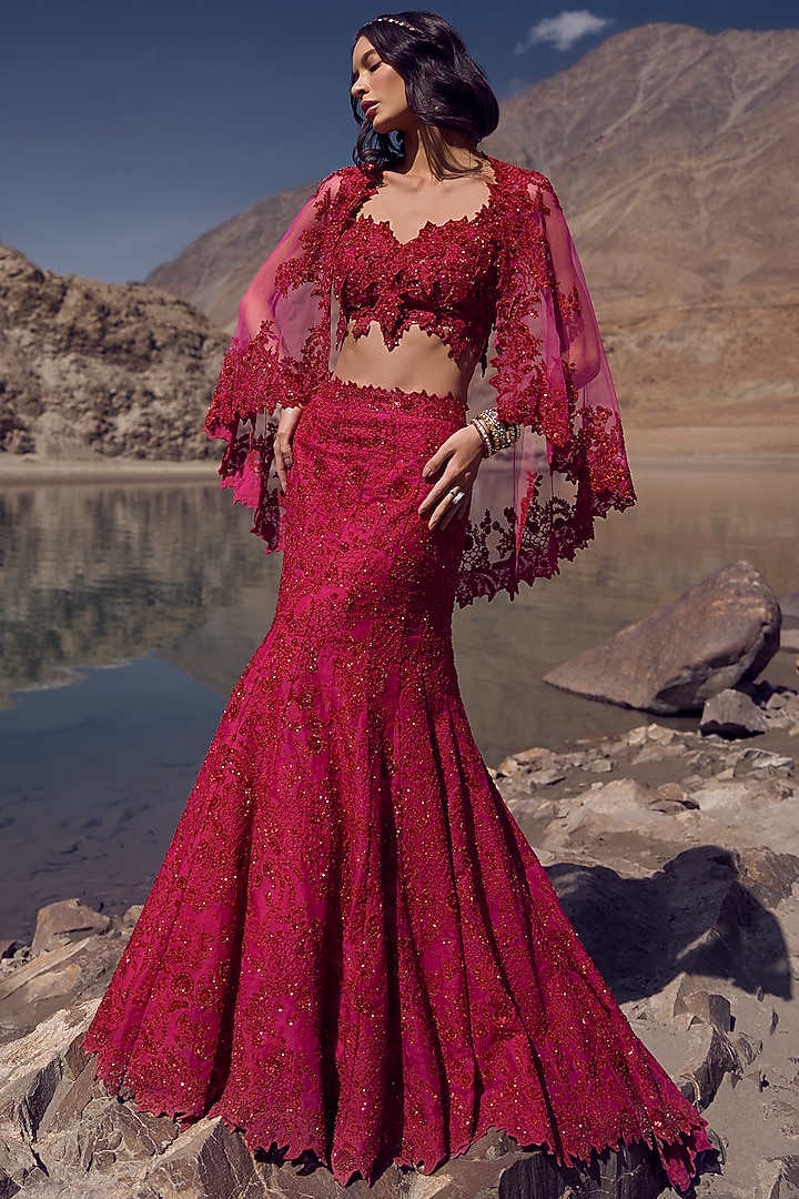 Hot Pink Organza & Net Bridal Lehenga Set by Anushree Reddy at Pernia's Pop Up Shop