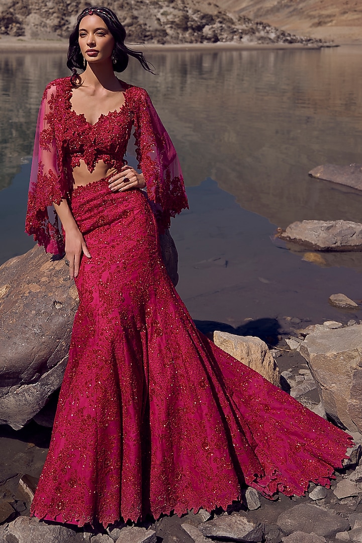 Hot Pink Organza & Net Bridal Lehenga Set by Anushree Reddy at Pernia's Pop Up Shop