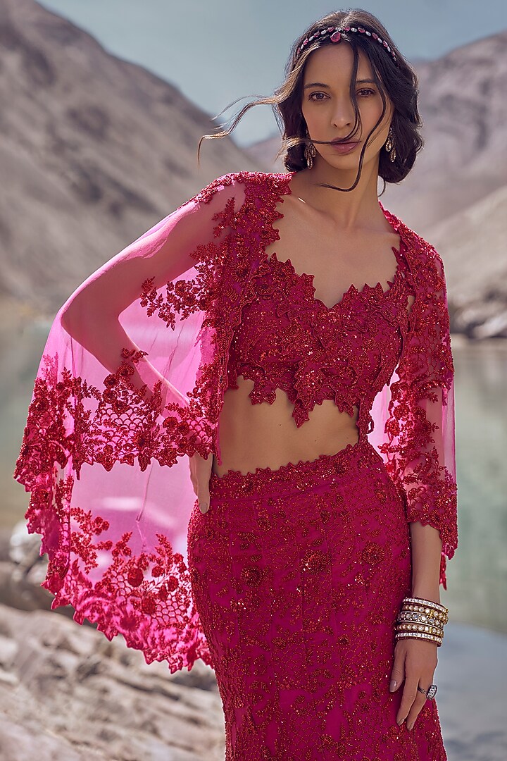 Hot Pink Organza & Net Bridal Lehenga Set by Anushree Reddy at Pernia's Pop Up Shop