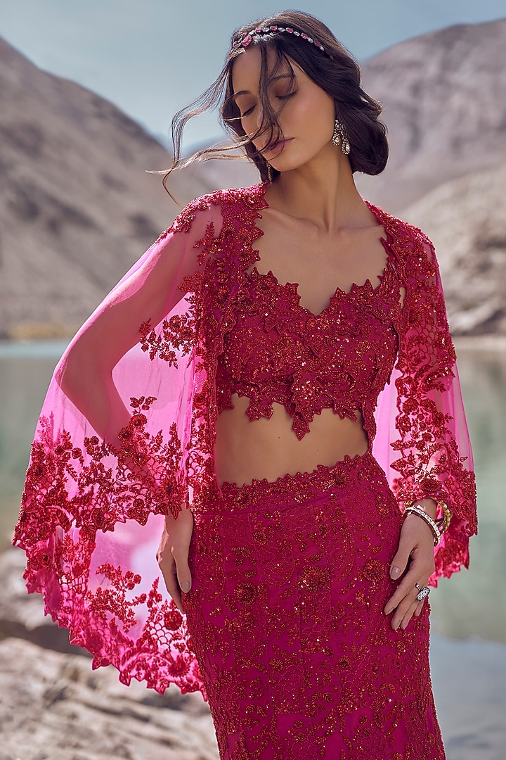 Hot Pink Organza & Net Bridal Lehenga Set by Anushree Reddy at Pernia's Pop Up Shop