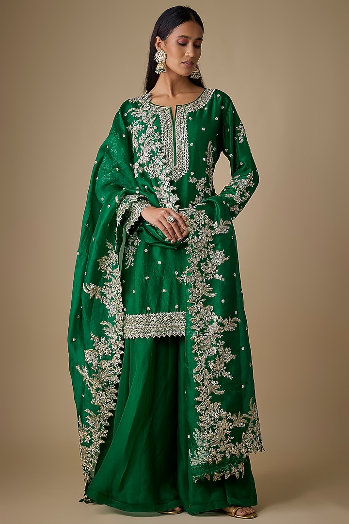 Emerald Green Dupion Silk Bridal Sharara Set by Anushree Reddy at Pernia's Pop Up Shop
