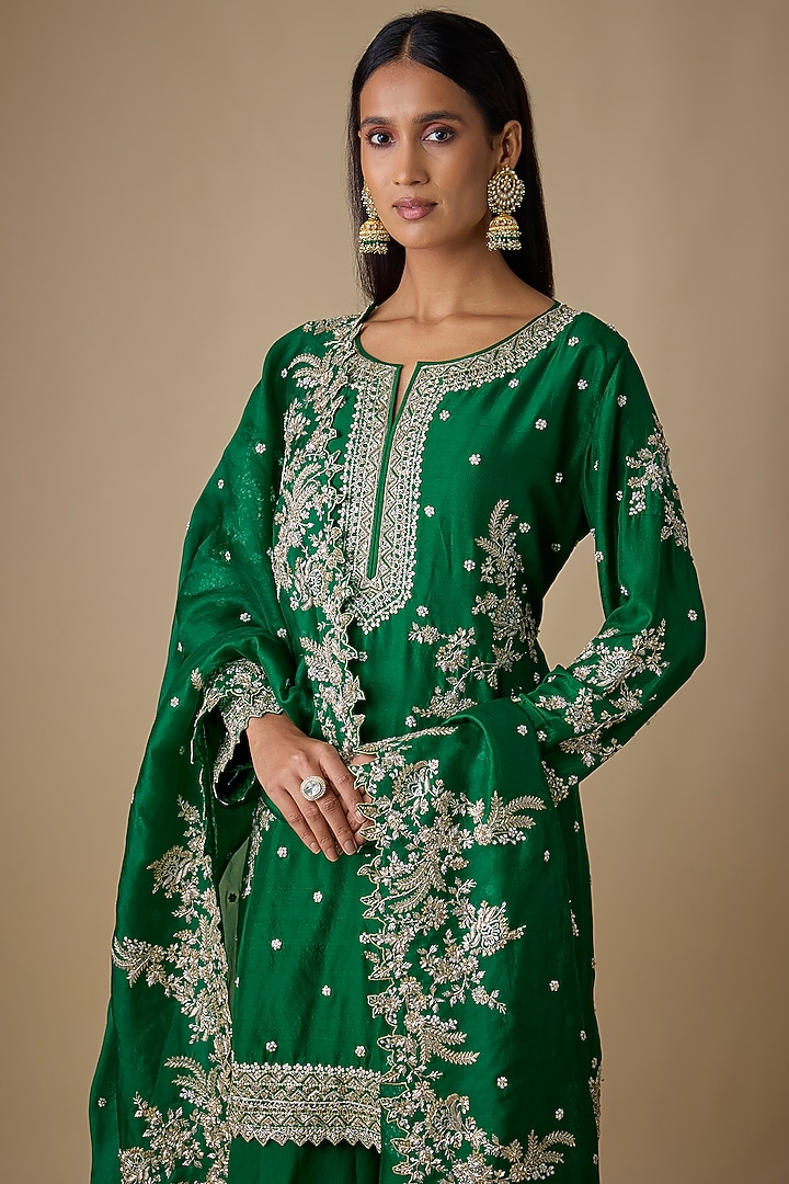 Emerald Green Dupion Silk Bridal Sharara Set by Anushree Reddy at Pernia's Pop Up Shop