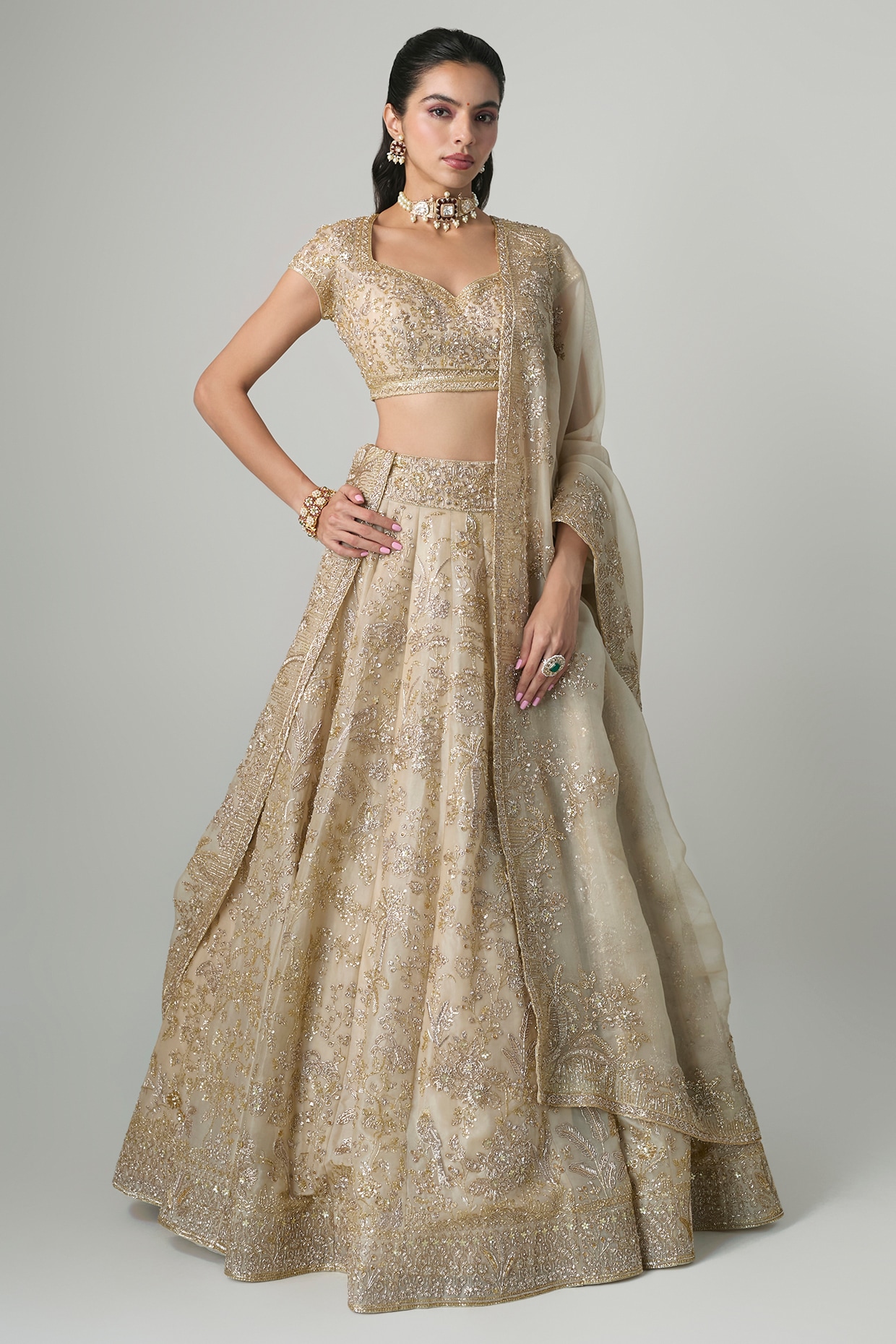 Anushree Reddy Ivory Organza Hand Embroidered Lehenga Set