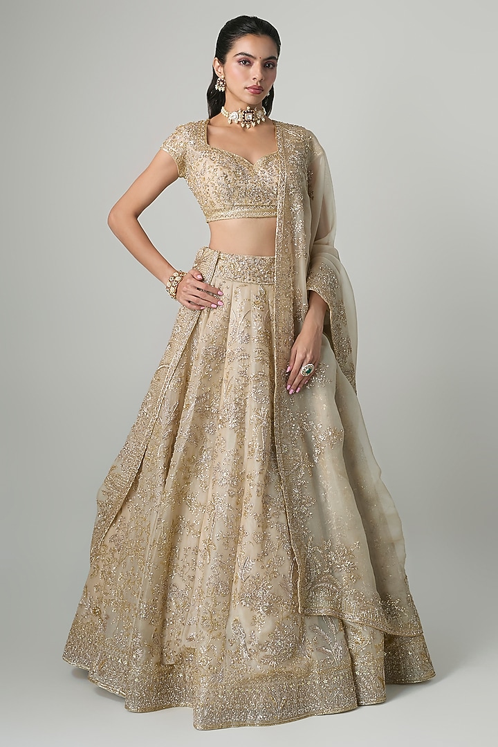 Ivory Organza Hand Embroidered Bridal Lehenga Set by Anushree Reddy at Pernia's Pop Up Shop