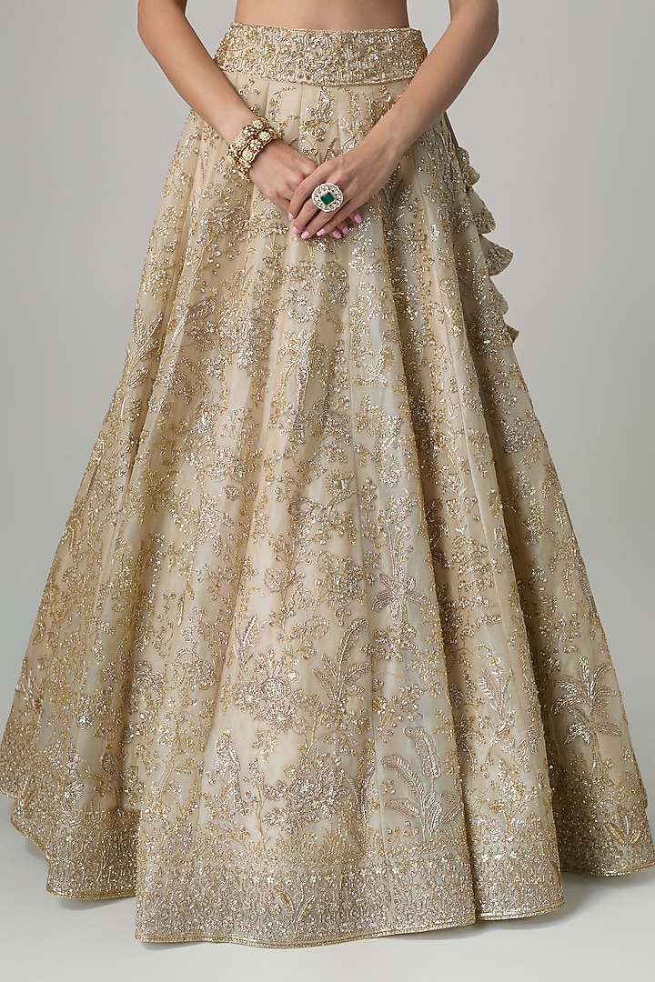 Ivory Organza Hand Embroidered Bridal Lehenga Set by Anushree Reddy at Pernia's Pop Up Shop