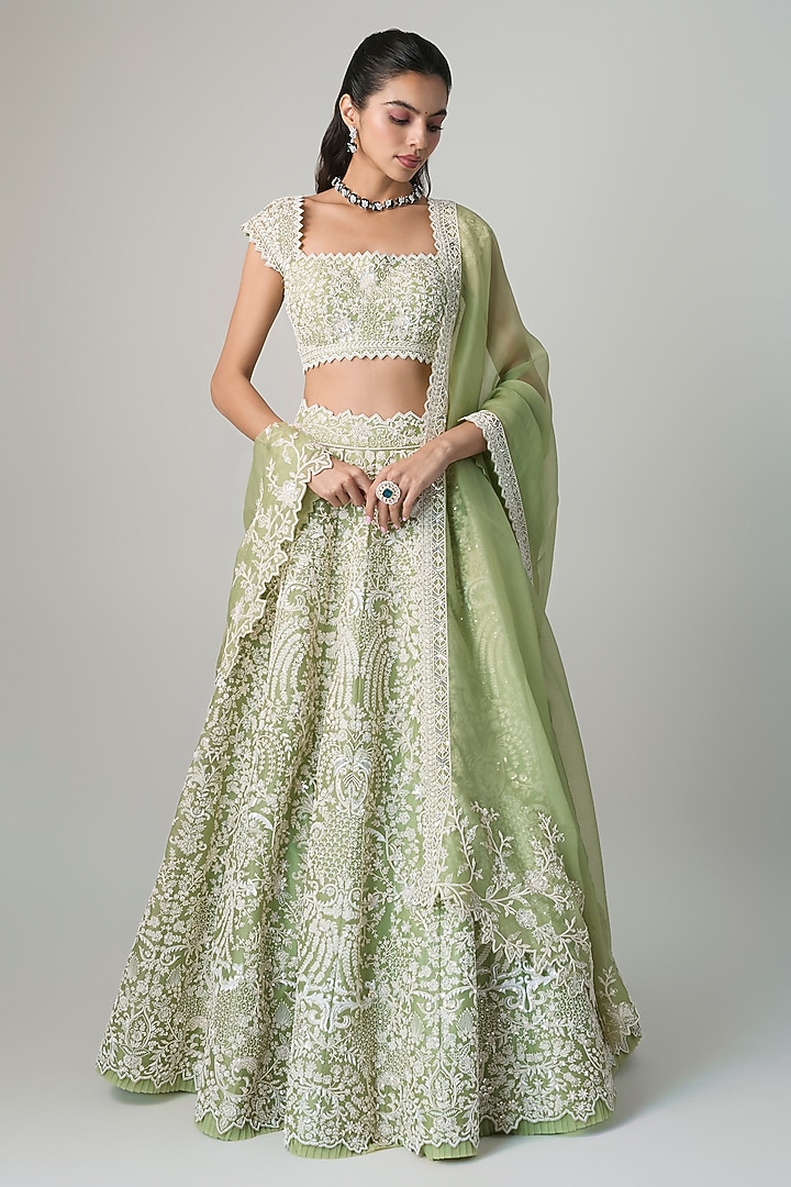 Green Organza Hand Embroidered Bridal Lehenga Set by Anushree Reddy at Pernia's Pop Up Shop