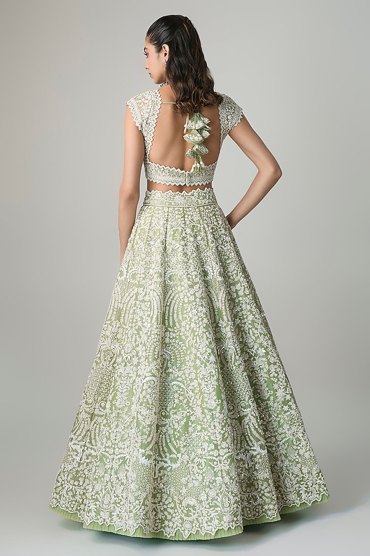 Green Organza Hand Embroidered Bridal Lehenga Set by Anushree Reddy at Pernia's Pop Up Shop