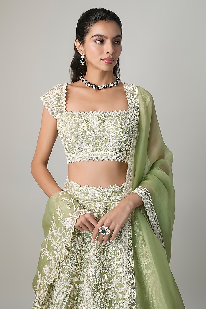 Green Organza Hand Embroidered Bridal Lehenga Set by Anushree Reddy at Pernia's Pop Up Shop