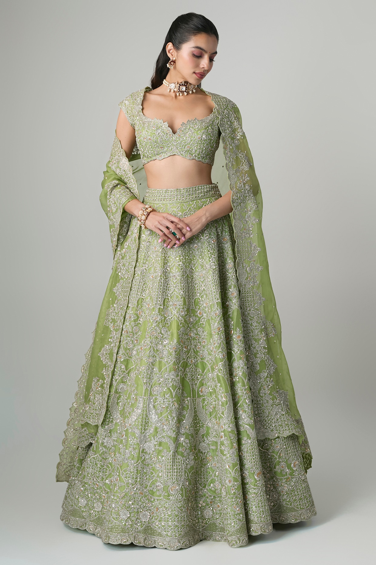 Anushree Reddy Green Organza Hand Embroidered Lehenga Set