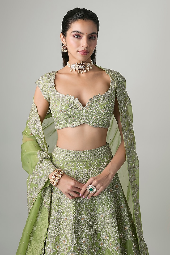 Green Organza Hand Embroidered Bridal Lehenga Set by Anushree Reddy at Pernia's Pop Up Shop